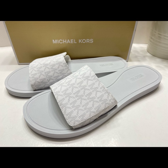Michael Kors | Shoes | New Michael Kors Wade Mini Mk Logo Womens Slide  Sandals Whitegray11 | Poshmark
